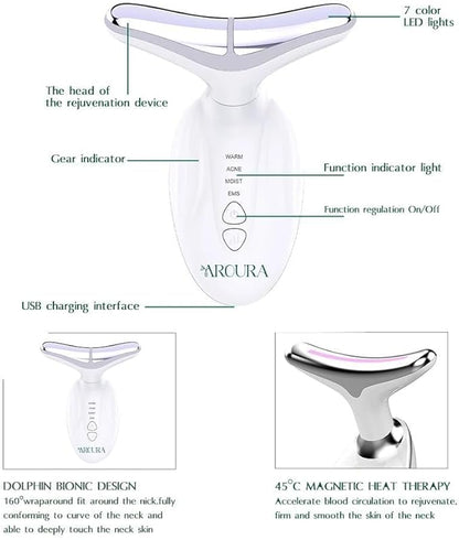 Aroura Premium Red Light Therapy Face and Neck Massager 7 in 1-7 LED Light Skin Rejuvenation & Wrinkle Removal Tool for Youthful, Radiant Skin