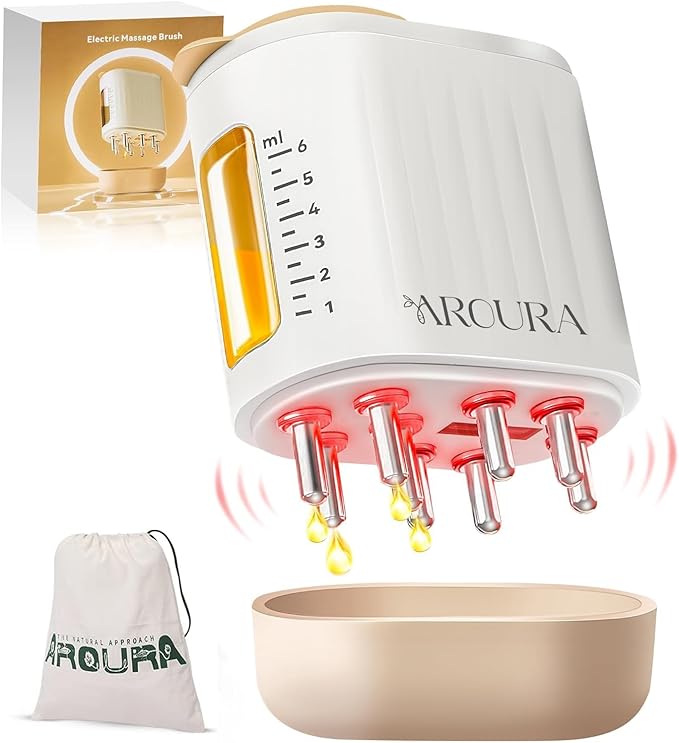 Aroura Premium 2-in-1 Electric Scalp Massager and Hair Oil Applicator Brush - Hair Treatment Tool for Growth Serums, Oils, and Dandruff Exfoliation - Fillable Dispenser with Travel Bag