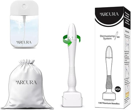 Aroura Premium Professional Adjustable Microneedling Derma Stamp Kit 140 Titanium Pin Precision for Face, Scalp, Beard Growth Includes Alcohol Sprayer & Travel Bag Ultimate Derma Roller Alternative