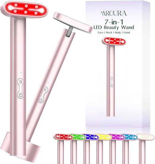 Aroura Beauty Light-Therapy Wand, Red Light Therapy for Face and Neck, 7in1 LED Beauty Wand, Red & Blue Rejuvenation, Face & Eye Massager Skincare Tool, Anti-Aging, Wrinkle Reduction, Skin Tightening