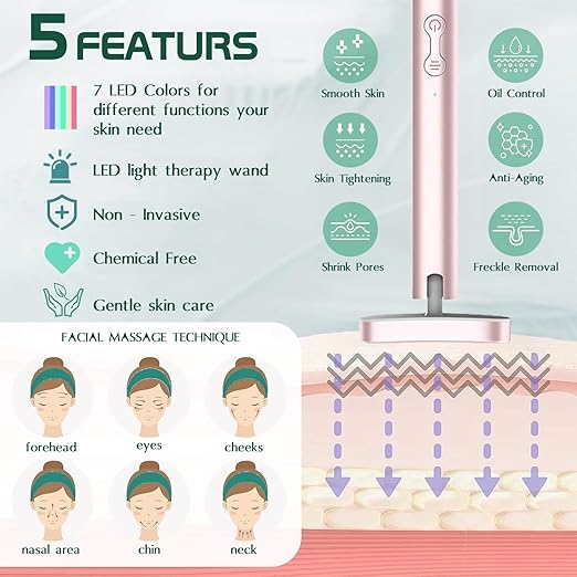 Aroura Beauty Light-Therapy Wand, Red Light Therapy for Face and Neck, 7in1 LED Beauty Wand, Red & Blue Rejuvenation, Face & Eye Massager Skincare Tool, Anti-Aging, Wrinkle Reduction, Skin Tightening