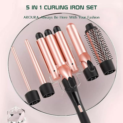 Aroura Premium 5-in-1 Curling Wand Set with 1-Year Warranty - Professional Hair Curler Iron with 5 Interchangeable Ceramic Barrels (9-32mm) - Instant Heat Up, Heat Protective Glove & 2 Clips Included